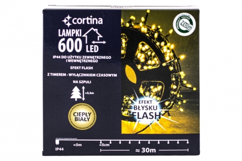 Sznur 30m 600 LED NA SZPULI FLASH TIMER zewnętrzne, biały ciepły+biały zimny 50/21/FLE-TIM/WW+CW-SZPULA