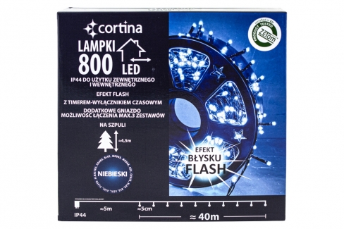 Sznur 40m 800 LED NA SZPULI FLASH + TIMER + GNIAZDO zewnętrzne, niebieski+biały zimny flash 51/21/FLE-TIM/B+CW-SZPULA