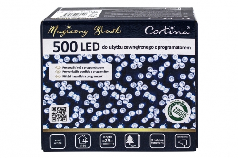 Sznur 25m 500 LED PROGRAMATOR 8 FUNKCJI + PAMIĘĆ, zewnętrzne, biały zimny 620/21/LED/CW