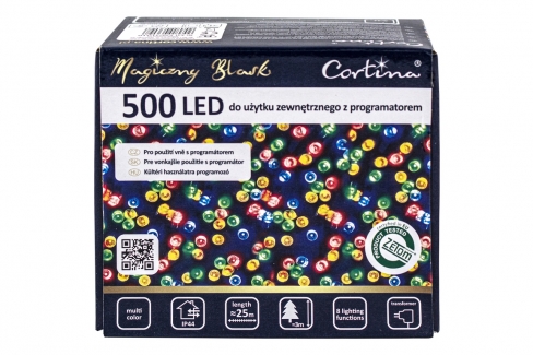Sznur 25m 500 LED PROGRAMATOR 8 FUNKCJI + PAMIĘĆ, zewnętrzne, multikolor 620/21/LED/M