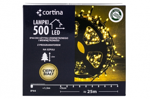 Sznur 25m 500 LED na SZPULI, PROGRAMATOR 8 FUNKCJI + PAMIĘĆ, zewnętrzne, biały ciepły 620/21/LED/WW-SZPULA