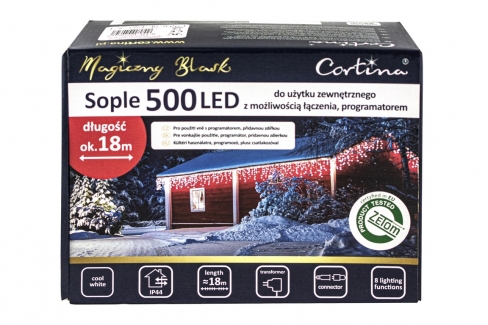 Kurtyna 17,80m 500 LED programator+gniazdo, zewnętrzne, biały zimny 105/20/LED/CW