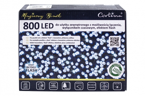 Sznur 40m 800 LED FLASH + TIMER + GNIAZDO zewnętrzne, biały zimny+biały zimny flash 51/21/FLE-TIM/CW+CW