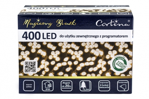 Sznur 20m 400 LED PROGRAMATOR 8 FUNKCJI + PAMIĘĆ, zewnętrzne, biały ciepły 616/21/LED/WW