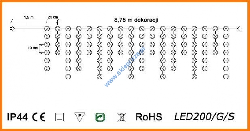 Kurtyna LED 200 pkt. z dodatkowym gniazdem, multi zewnętrzna art. nr: LED200/G/S/M